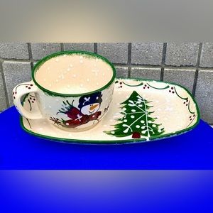 1998 Vintage Expressly Yours Green Sponge Trim Snowman Plate & Mug Set
